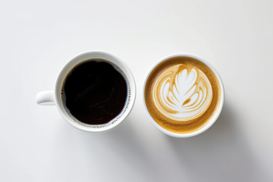 Two coffees including black and latte on white background