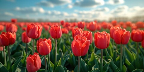 A majestic tulip farm bathed in sunlight, showcasing the vibrant beauty of spring in the countryside.