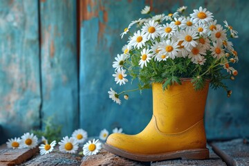 A vintage rural composition with rubber gumboots repurposed as a flowerpot, holding a beautiful bouquet.