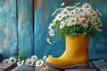 Deurstickers A vintage rural composition with rubber gumboots repurposed as a flowerpot, holding a beautiful bouquet. © Andrii Zastrozhnov