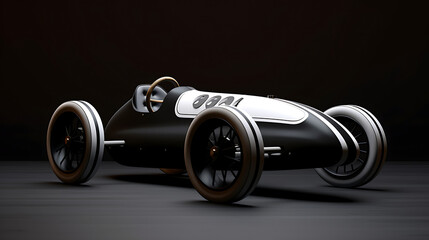 A black and white soapbox derby car in a gravity race.