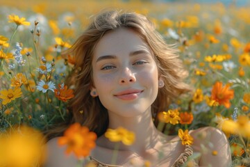A charming young woman lies in a flower-filled meadow, enjoying the summer sunset.