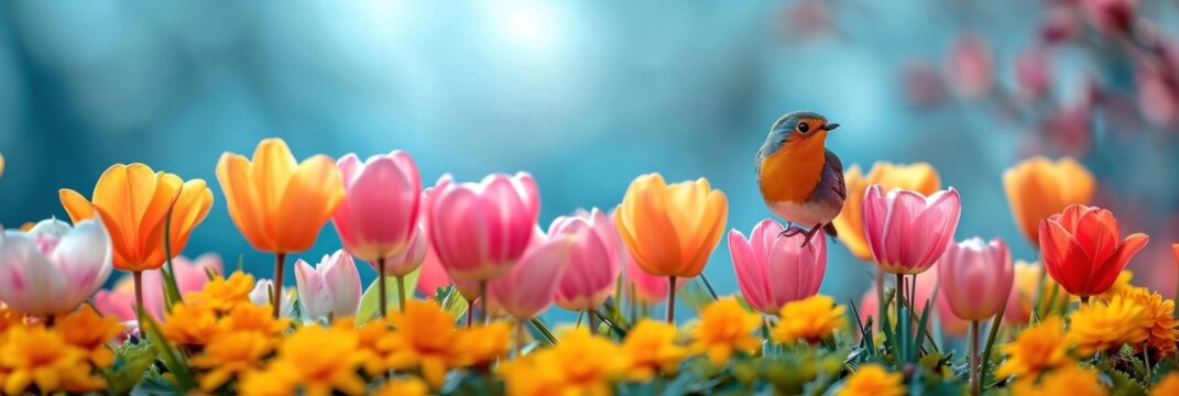 A petite bird perched on a blooming tulip, bathed in the spring sunlight's warmth.