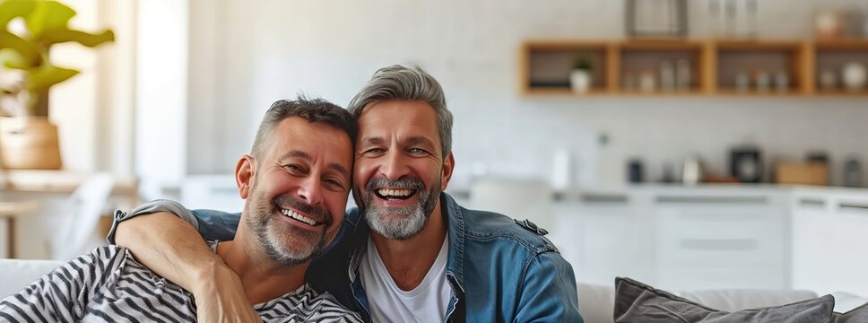 Happy gay man with arm around mature friend at home.