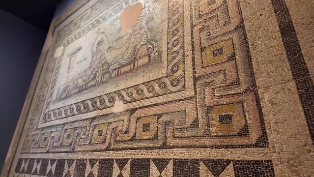 close-up of a historic mosaic displaying in the Zeugma Mosaic Museum.Mosaic that were found lying nearest to the River Euphrates.