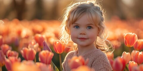 In a warm and sunny tulip field, an adorable toddler enjoys the beauty of spring. - obrazy, fototapety, plakaty
