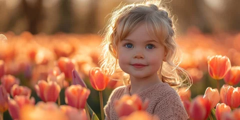 Foto op Plexiglas In a warm and sunny tulip field, an adorable toddler enjoys the beauty of spring. © Andrii Zastrozhnov