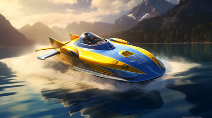 A blue and yellow hydroplane boat racing on a lake. - obrazy, fototapety, plakaty