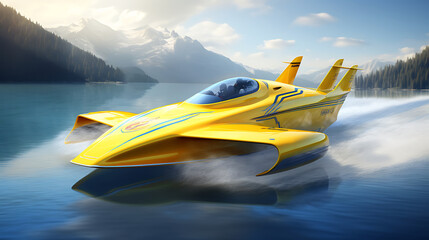A blue and yellow hydroplane boat racing on a lake.