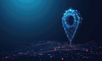 Gps, location sign in futuristic abstract style on blue background. Gps navigator pin. Map pointer sign. Route navigator. Polygon vector wireframe concept. Low poly