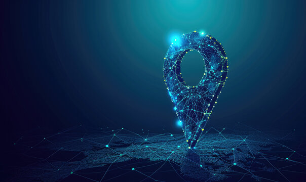 Gps, location sign in futuristic abstract style on blue background. Gps navigator pin. Map pointer sign. Route navigator. Polygon vector wireframe concept. Low poly