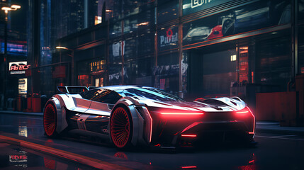 A futuristic electric car racing in a cyberpunk city. - obrazy, fototapety, plakaty