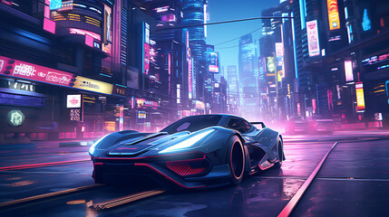 A futuristic electric car racing in a cyberpunk city. - obrazy, fototapety, plakaty