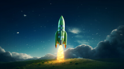 A green model rocket race to the sky. - obrazy, fototapety, plakaty