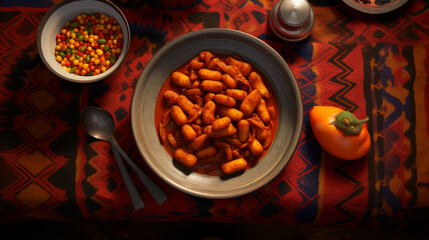 A bowl of Nigerian ewa agoyin, a spicy bean stew served with fried plantains, a popular suhoor dish - obrazy, fototapety, plakaty