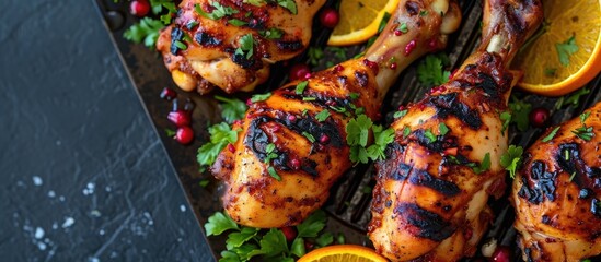 Spicy grilled chicken legs with orange, spices, and red berries.