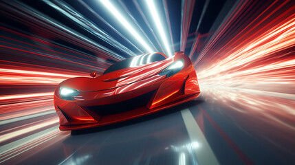 A high-speed red sports car racing on a track. - obrazy, fototapety, plakaty