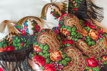 Fototapeta premium Ethnic embroidered corset, flowers details. Concept of beauty Slavic women, Boho style 