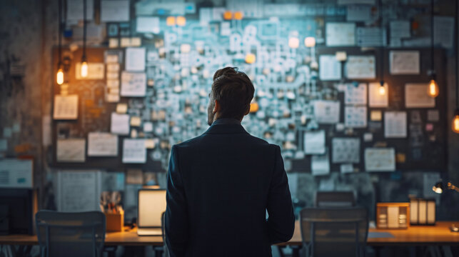 A trial lawyer business man in office scrutinizes looking a large flowchart on the wall, strategy concept