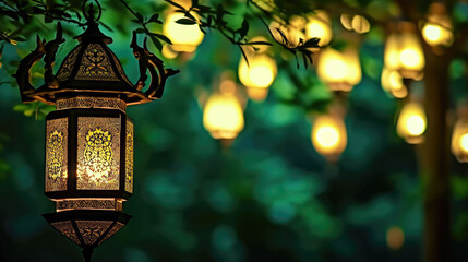 Fototapeta na wymiar lantern on green backround. Elegant Lantern Casting Warm Light on Emerald Nights