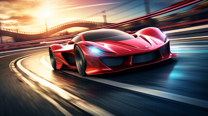 A high-speed red sports car racing on a track. - obrazy, fototapety, plakaty