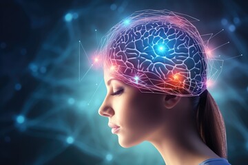 Fototapeta premium Brain, gentle light, positive energy, calming serenity, mental clarity during sleep. Sleep cycle, quality, duration are vital for combating insomnia, various sleep disorders, overall axon well-being