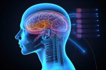 Obraz premium Brain, gentle light, positive energy, calming serenity, mental clarity during sleep. Sleep cycle, quality, duration are vital for combating insomnia, various sleep disorders, overall axon well-being