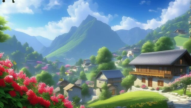 The atmosphere is a rural environment with comfortable residents' houses with a mountain backdrop and flower plants. 4K cartoon animated background