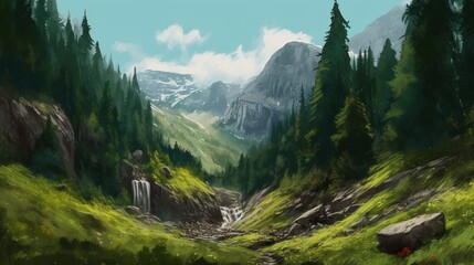 A consistent mountain view as the journey through forests filled with greenery, Romania's ambiance of waterfalls - Generative AI - obrazy, fototapety, plakaty