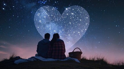 two lovers romantic night couple looking at stars in the sky sitting on green grass field , ultra...