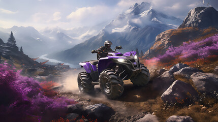 A purple ATV tackling a rocky mountain trail. - obrazy, fototapety, plakaty