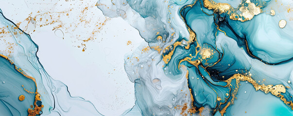 Abstract marble background, white, gray and turquoise agate texture with thin gold veins. - obrazy, fototapety, plakaty