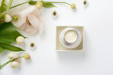 beige and white natural cosmetic, vial and cream jars, gift boxes, flowers on white background