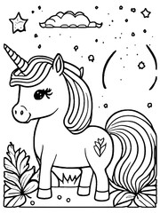 Fototapeta na wymiar Unicorn coloring page for kids, unique drawing to color