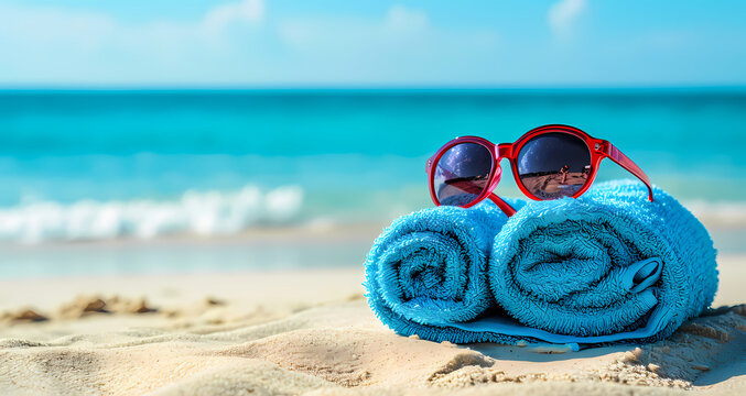 Beach Bliss: Towel, Sunglasses, and breth of  Warm Sea on the Shore