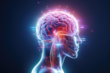 Obraz premium Brain in sleep, adorned neon lights,mantras and Chakra visualizations. Embracing silence and peaceful breath,haven for inner peace and stress reduction, creating a serene and tranquil sanctuary.