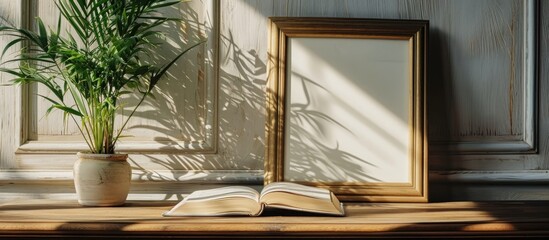 A book with a plant near a frame.