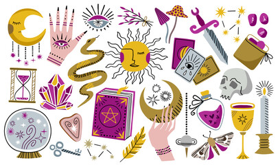 Esoteric symbols vector hand drawn set. Boho mystical witch collection. Magic icons	