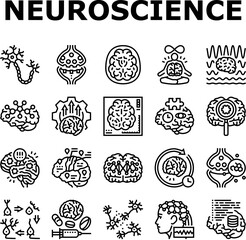 neuroscience brain neurology icons set vector. research medical, doctor technology, science health, neurosurgery scan, computer neuroscience brain neurology black contour illustrations