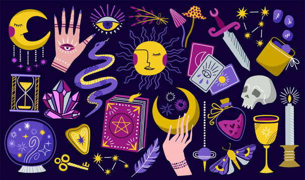 Esoteric symbols vector hand drawn set. Boho mystical witch collection. Magic icons	