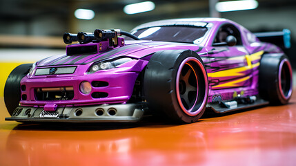 A purple radio-controlled drift car on a track. - obrazy, fototapety, plakaty