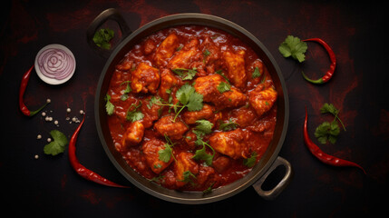 A bowl of spicy and flavorful chicken vindaloo, a popular dish in Indian cuisine