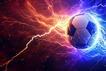 soccer ball with flames and lightning flying on night sky, blue and purple background