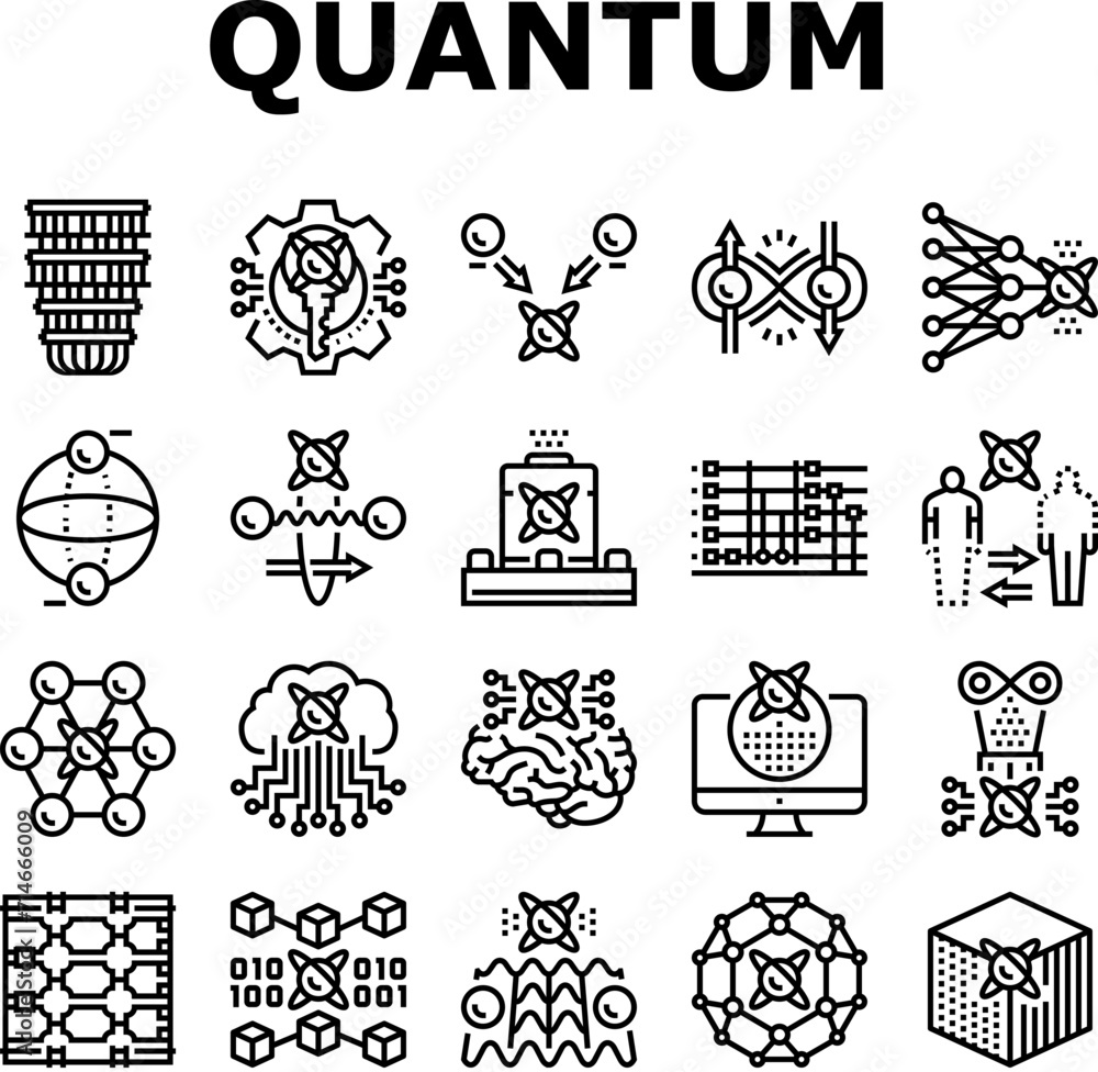 Poster quantum technology data science icons set vector. computer tech, abstract ai, network cyber, chip se