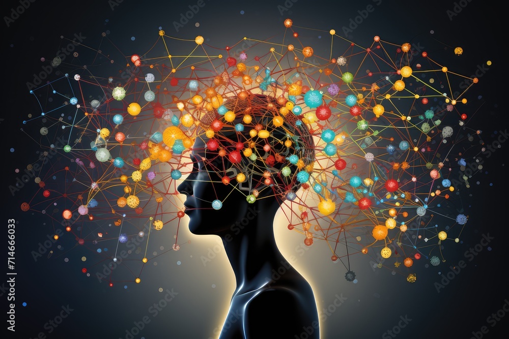 Poster human brain ai colorful neuron illustration, brain learning new knowledge and understanding input th