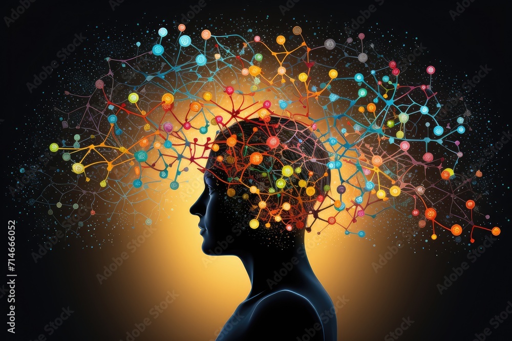 Poster human brain ai colorful neuron illustration, brain learning new knowledge and understanding input th