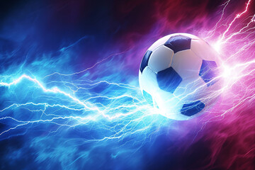 Fototapeta premium soccer ball with flames and lightning flying on night sky, blue and purple background