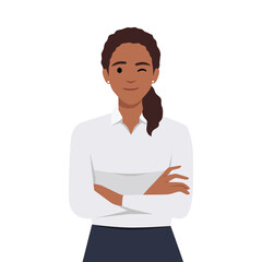 Confident and beautiful young woman in smart casual wear keeping arms crossed and smiling. Portrait of a young smiling woman. Woman folded hands. Flat vector illustration isolated on white background
