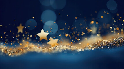 Obraz na płótnie Canvas Abstract background with gold stars, particles and sparkling on navy blue. Christmas Golden light shine particles bokeh on navy blue background. 2025 New year background. Gold foil texture. 