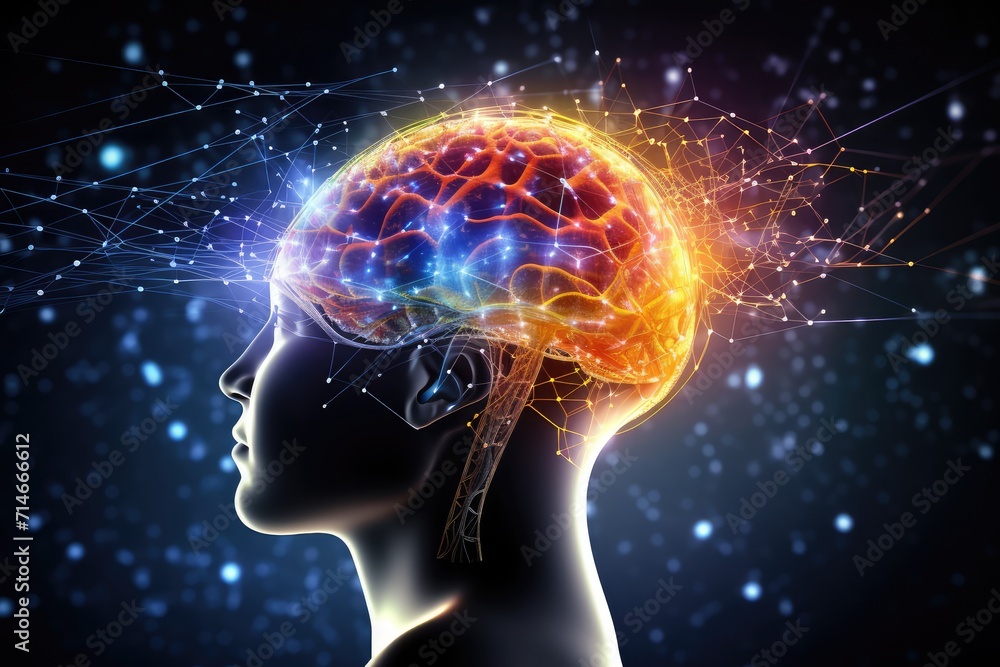 Poster human brain ai colorful neuron illustration, brain learning new knowledge and understanding input th